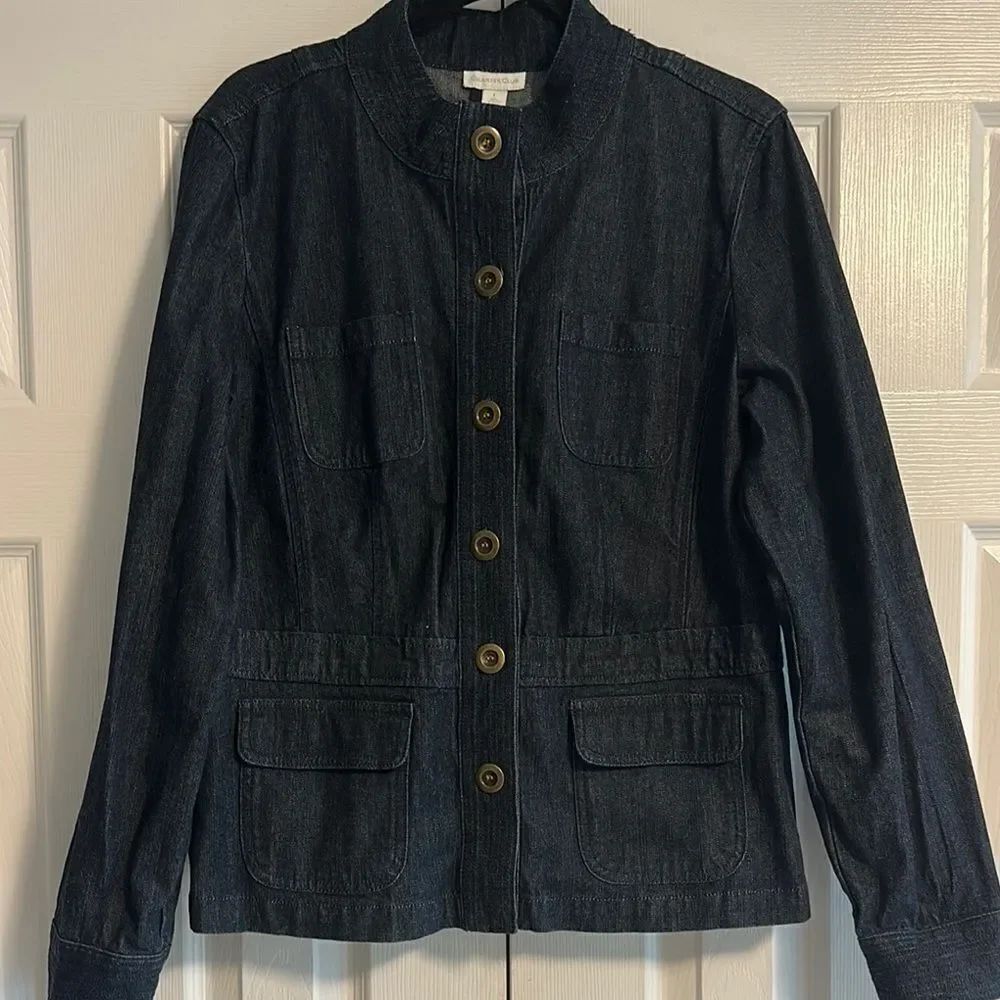 CHARTER CLUB Women’s Dark Blue Denim Collarless Button Down Jacket Size L